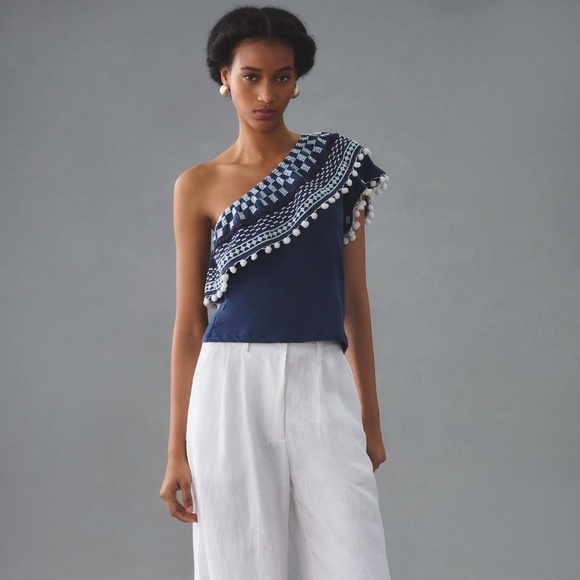 NWT By Anthropologie Pom-Tassel One-Shoulder Top Large - Picture 4 of 9